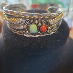 Gold and Silver Feather Cuff Bracelet with Turquoise and Red Accents